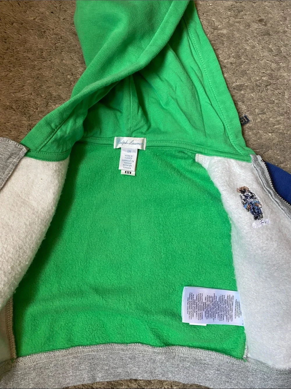 Polo by Ralph Lauren Gray Zip Hoodie with Green Hood, Pink & Blue Sleeves